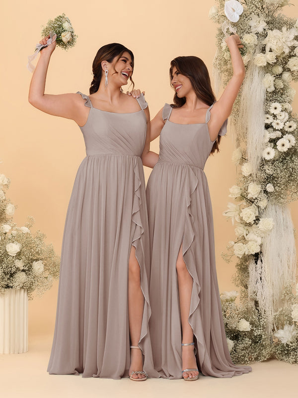 A-Line/Princess Square Neck Sleeveless Ruched Bridesmaid Dresses With Side Slit & Ruffles