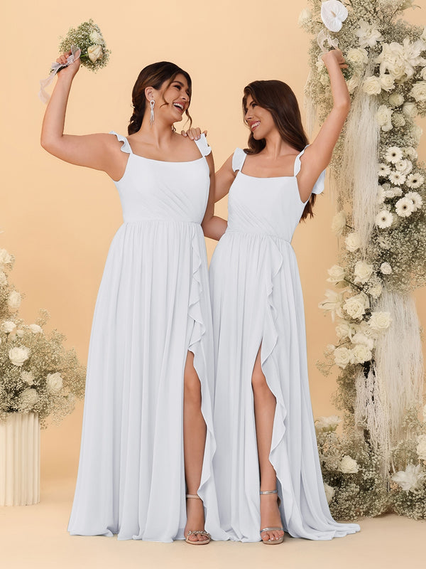 A-Line/Princess Square Neck Sleeveless Ruched Bridesmaid Dresses With Side Slit & Ruffles