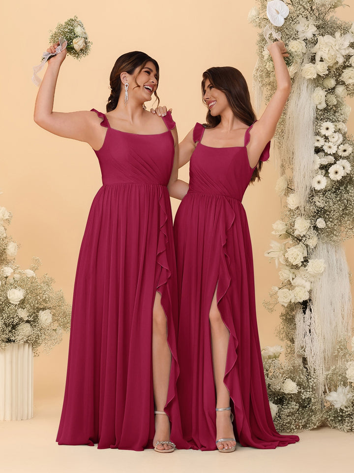 A-Line/Princess Square Neck Sleeveless Ruched Bridesmaid Dresses With Side Slit &amp; Ruffles