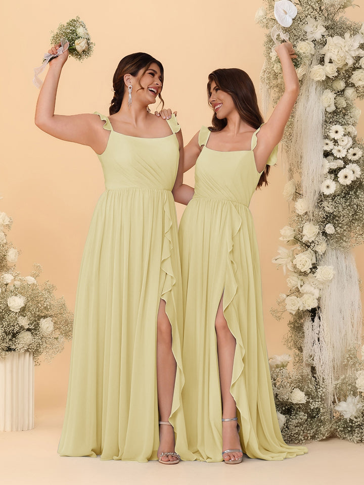 A-Line/Princess Square Neck Sleeveless Ruched Bridesmaid Dresses With Side Slit &amp; Ruffles