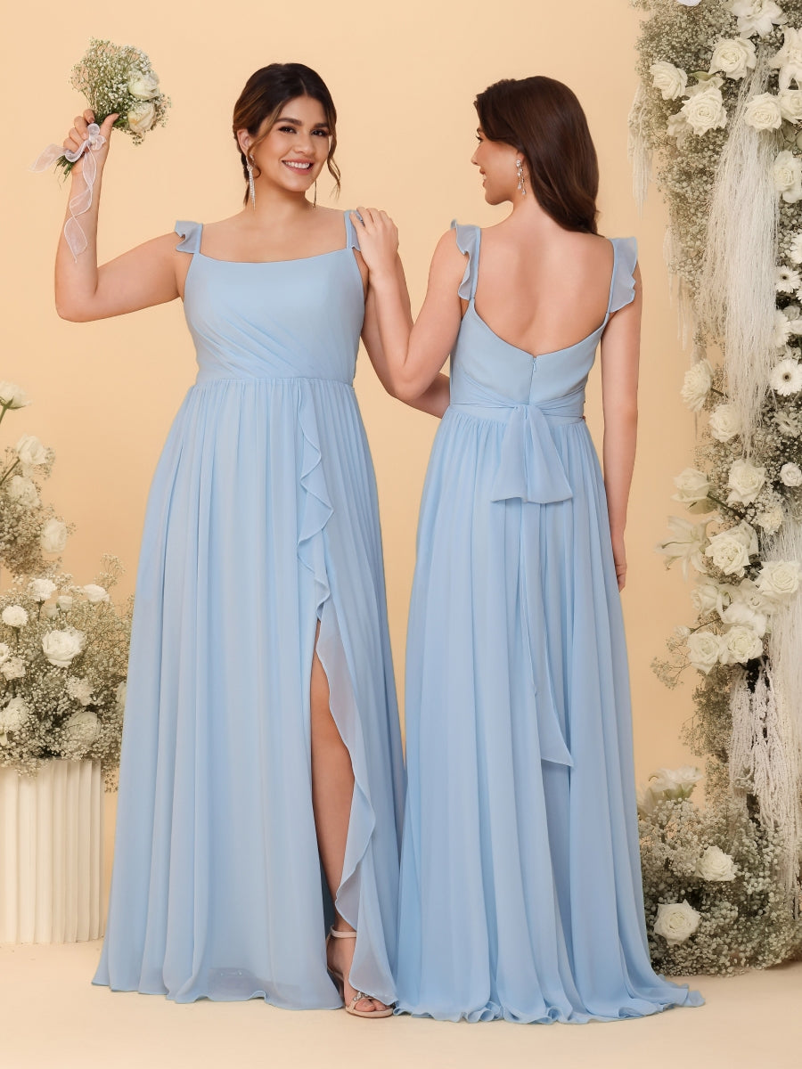 A-Line/Princess Square Neck Sleeveless Plus Size Bridesmaid Dresses With Side Slit &amp; Ruffles