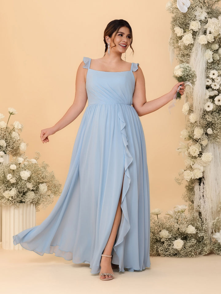A-Line/Princess Square Neck Sleeveless Plus Size Bridesmaid Dresses With Side Slit &amp; Ruffles