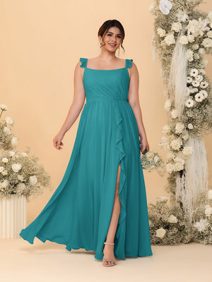A-Line/Princess Square Neck Sleeveless Plus Size Bridesmaid Dresses With Side Slit & Ruffles