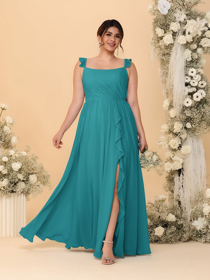 A-Line/Princess Square Neck Sleeveless Plus Size Bridesmaid Dresses With Side Slit &amp; Ruffles