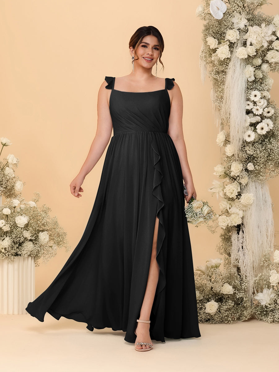 A-Line/Princess Square Neck Sleeveless Plus Size Bridesmaid Dresses With Side Slit &amp; Ruffles