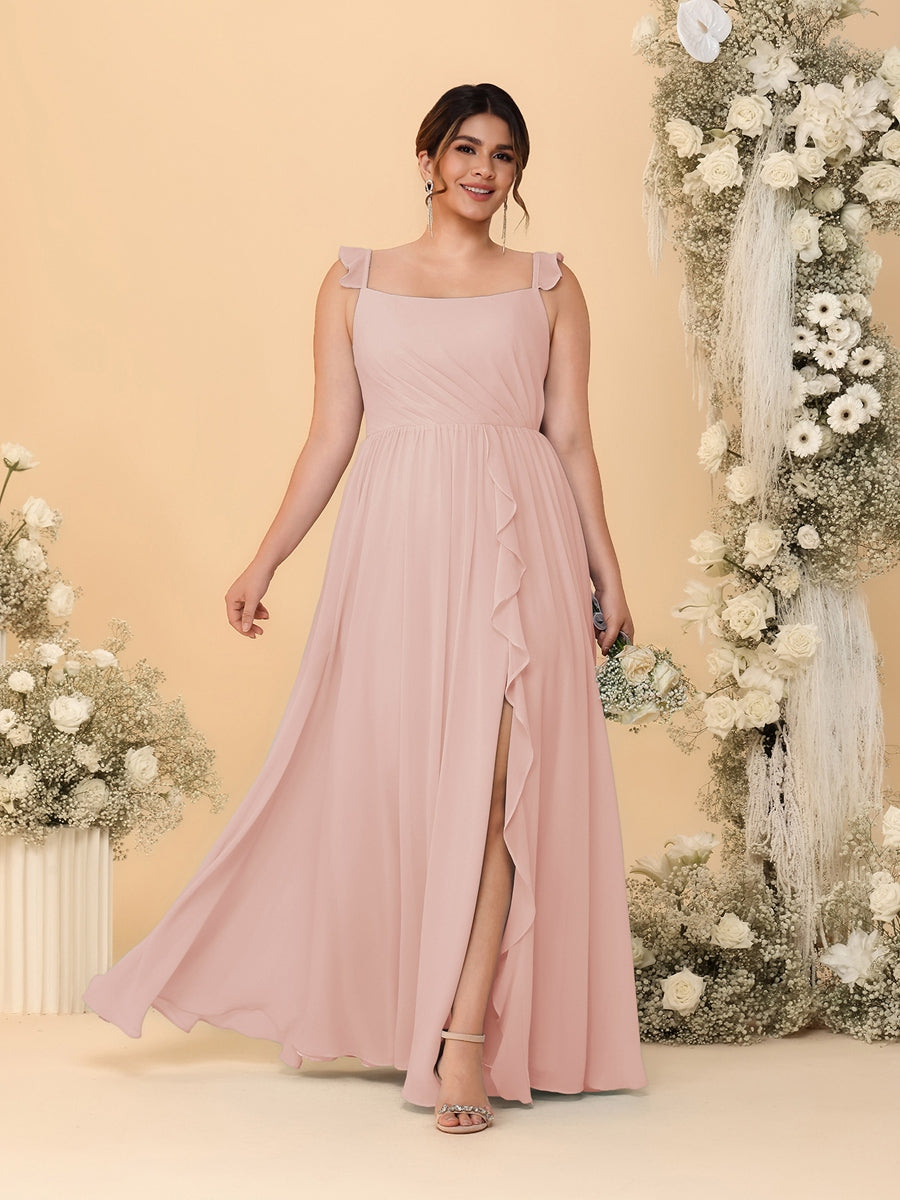 A-Line/Princess Square Neck Sleeveless Plus Size Bridesmaid Dresses With Side Slit &amp; Ruffles