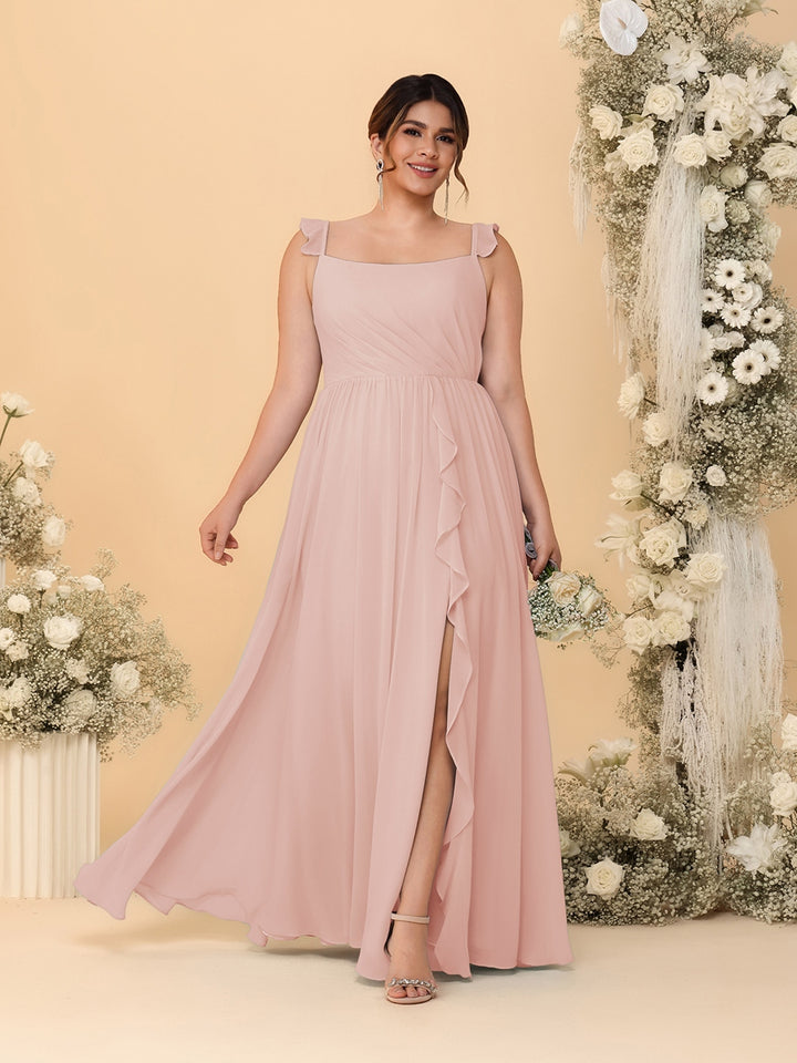 A-Line/Princess Square Neck Sleeveless Plus Size Bridesmaid Dresses With Side Slit &amp; Ruffles