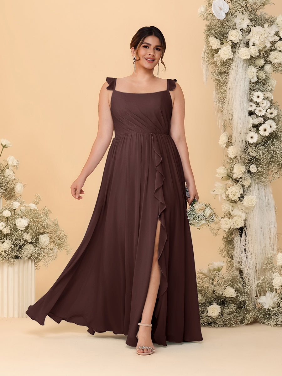 A-Line/Princess Square Neck Sleeveless Plus Size Bridesmaid Dresses With Side Slit &amp; Ruffles
