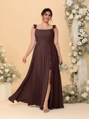 A-Line/Princess Square Neck Sleeveless Plus Size Bridesmaid Dresses With Side Slit & Ruffles