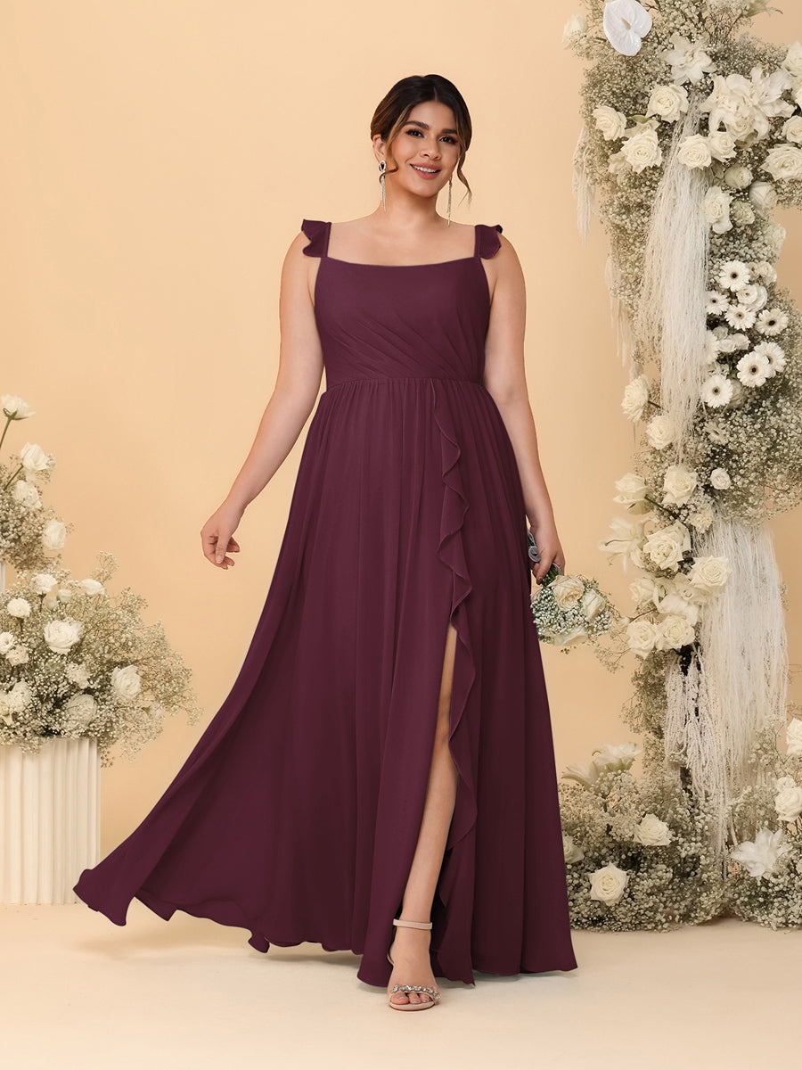 A-Line/Princess Square Neck Sleeveless Plus Size Bridesmaid Dresses With Side Slit &amp; Ruffles