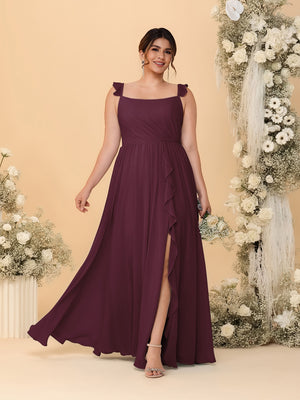 A-Line/Princess Square Neck Sleeveless Plus Size Bridesmaid Dresses With Side Slit & Ruffles