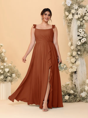 A-Line/Princess Square Neck Sleeveless Plus Size Bridesmaid Dresses With Side Slit & Ruffles