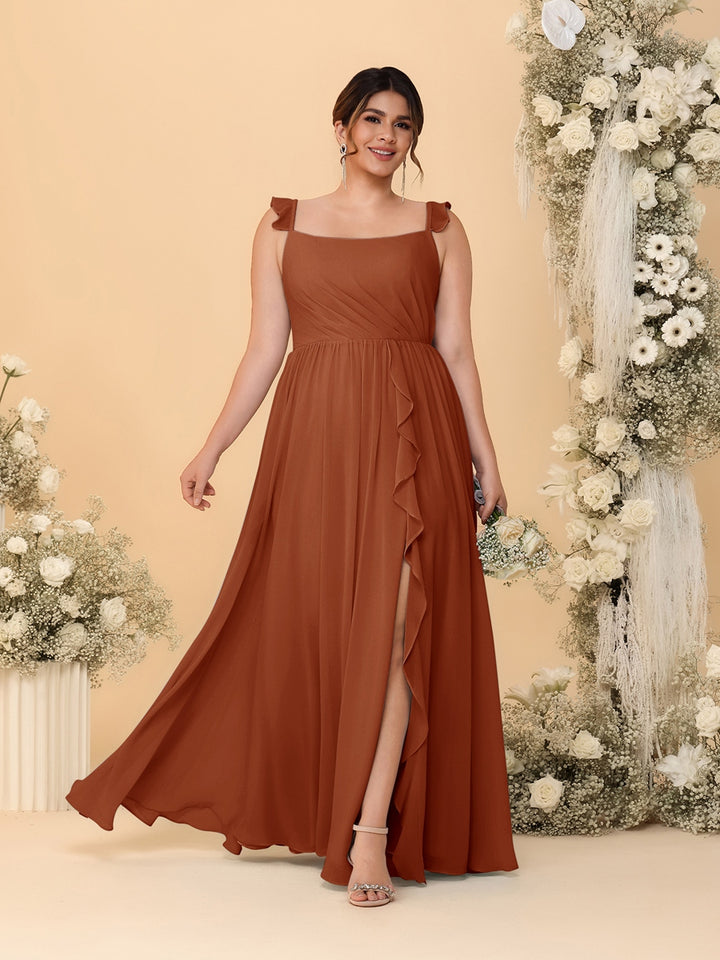 A-Line/Princess Square Neck Sleeveless Plus Size Bridesmaid Dresses With Side Slit &amp; Ruffles