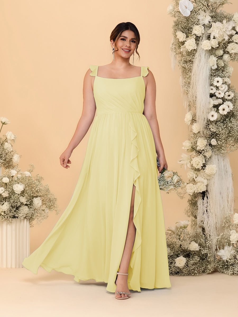 A-Line/Princess Square Neck Sleeveless Plus Size Bridesmaid Dresses With Side Slit &amp; Ruffles