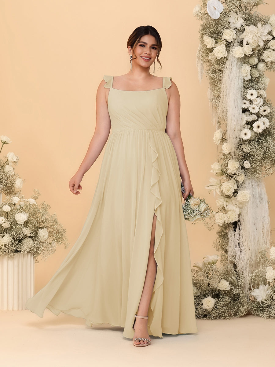 A-Line/Princess Square Neck Sleeveless Plus Size Bridesmaid Dresses With Side Slit &amp; Ruffles