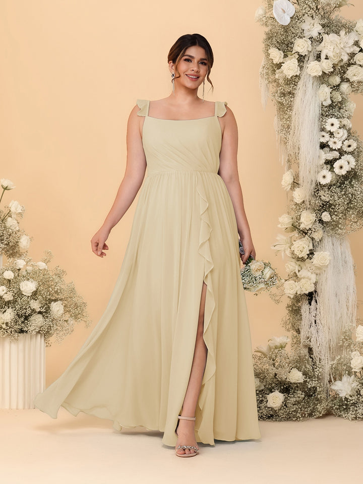 A-Line/Princess Square Neck Sleeveless Plus Size Bridesmaid Dresses With Side Slit &amp; Ruffles