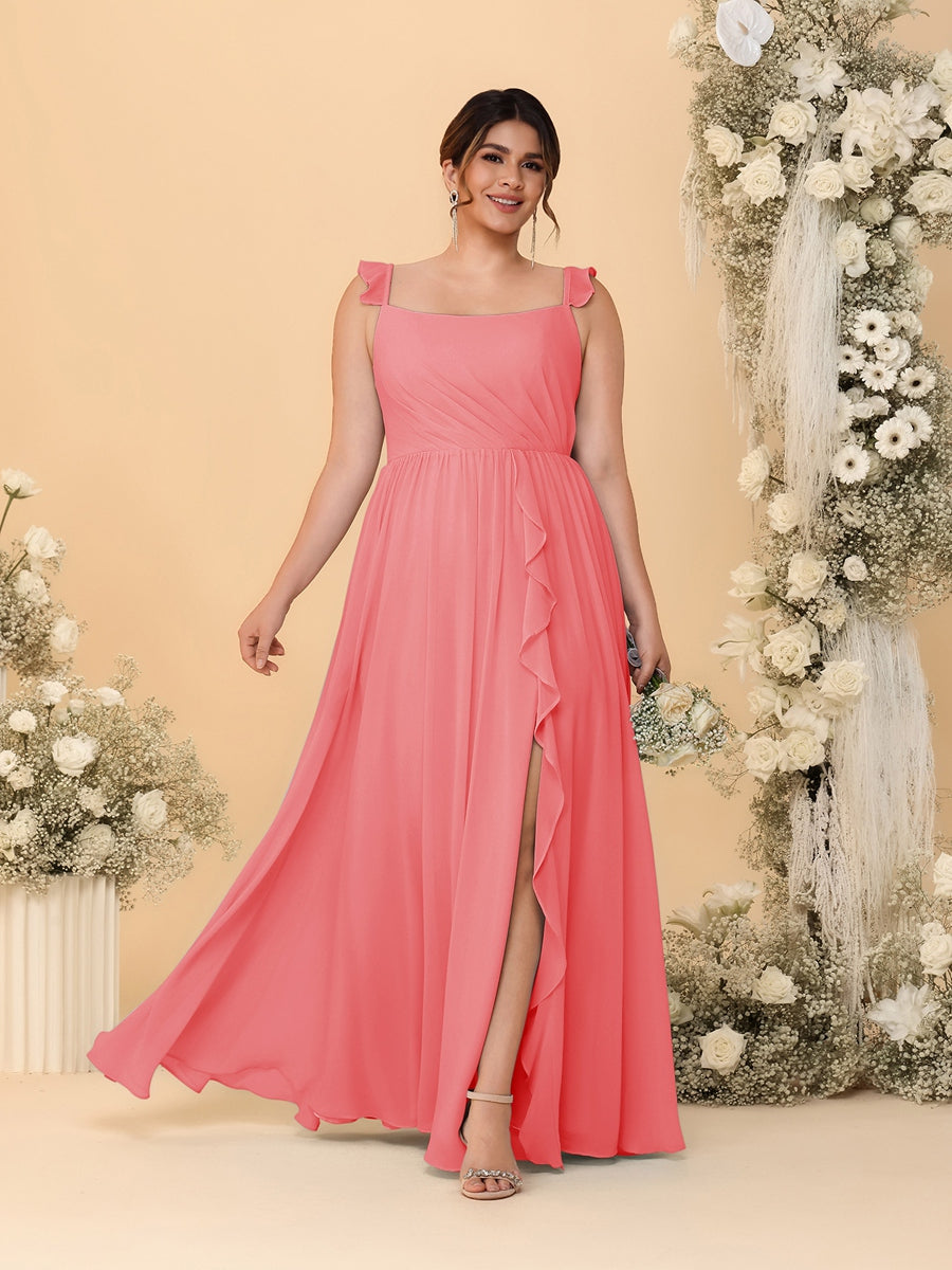 A-Line/Princess Square Neck Sleeveless Plus Size Bridesmaid Dresses With Side Slit &amp; Ruffles