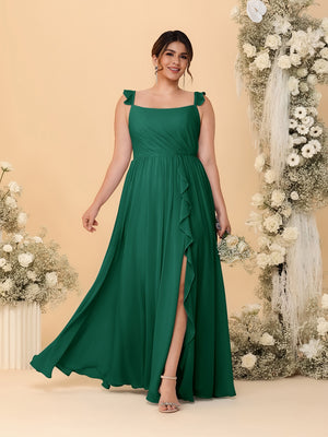 A-Line/Princess Square Neck Sleeveless Plus Size Bridesmaid Dresses With Side Slit & Ruffles