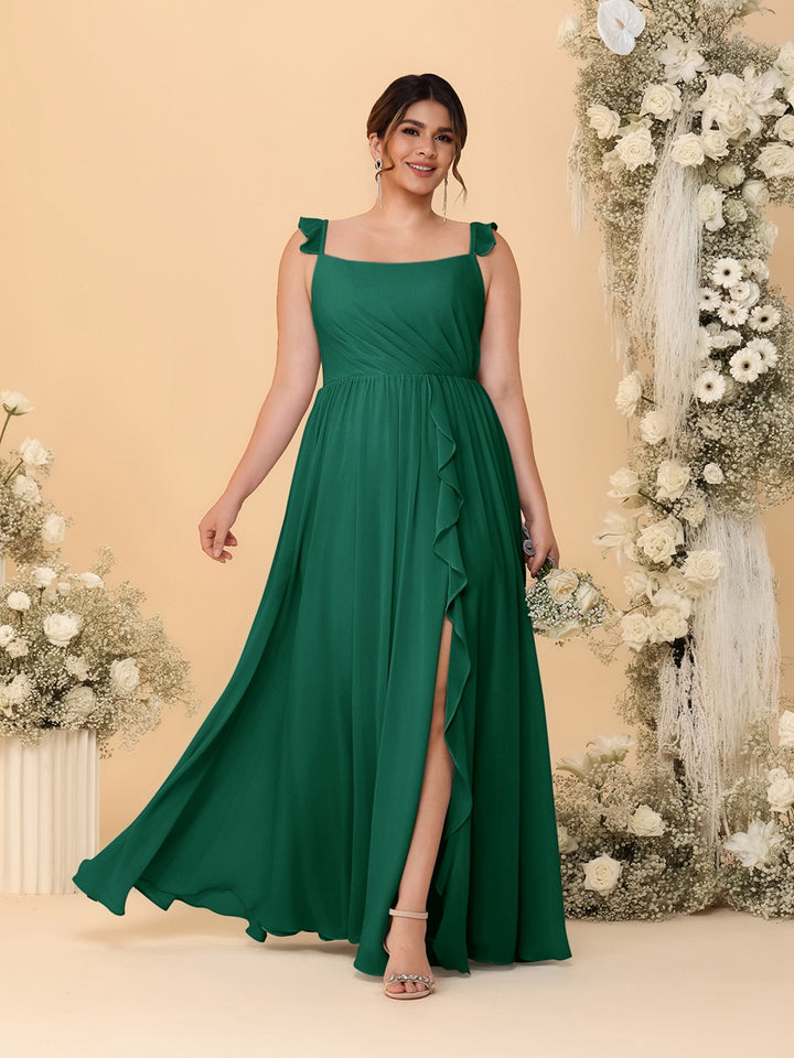 A-Line/Princess Square Neck Sleeveless Plus Size Bridesmaid Dresses With Side Slit &amp; Ruffles