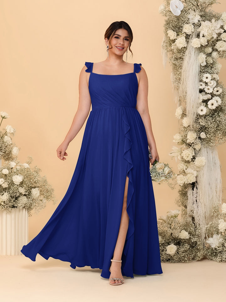 A-Line/Princess Square Neck Sleeveless Plus Size Bridesmaid Dresses With Side Slit &amp; Ruffles