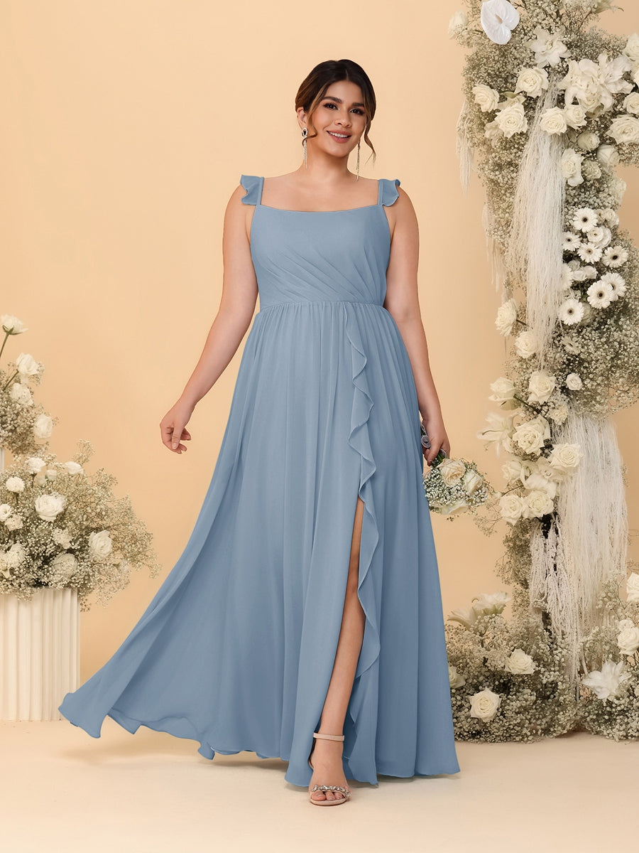A-Line/Princess Square Neck Sleeveless Plus Size Bridesmaid Dresses With Side Slit &amp; Ruffles