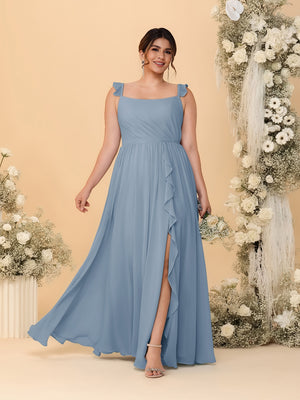 A-Line/Princess Square Neck Sleeveless Plus Size Bridesmaid Dresses With Side Slit & Ruffles