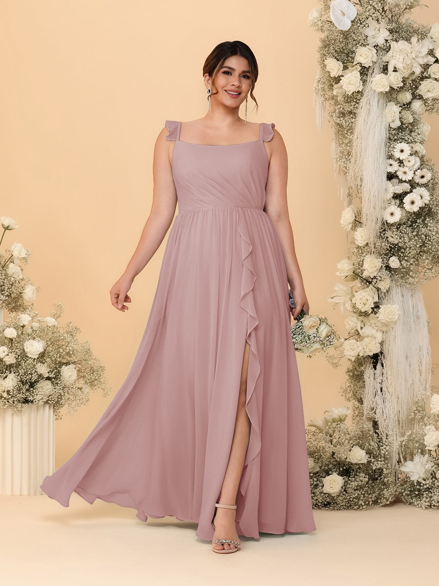 A-Line/Princess Square Neck Sleeveless Plus Size Bridesmaid Dresses With Side Slit &amp; Ruffles