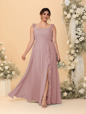 A-Line/Princess Square Neck Sleeveless Plus Size Bridesmaid Dresses With Side Slit & Ruffles