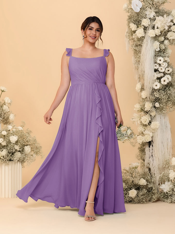 A-Line/Princess Square Neck Sleeveless Plus Size Bridesmaid Dresses With Side Slit &amp; Ruffles