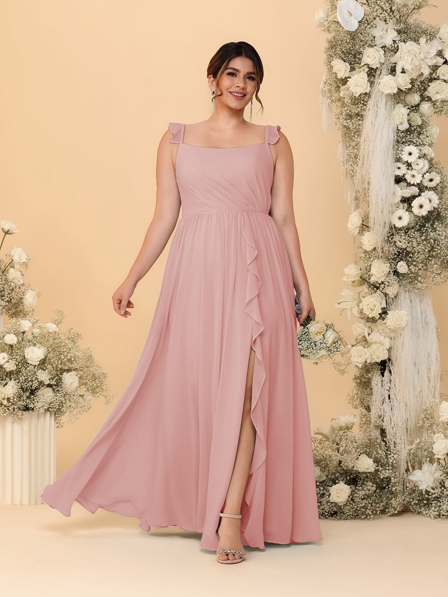 A-Line/Princess Square Neck Sleeveless Plus Size Bridesmaid Dresses With Side Slit &amp; Ruffles