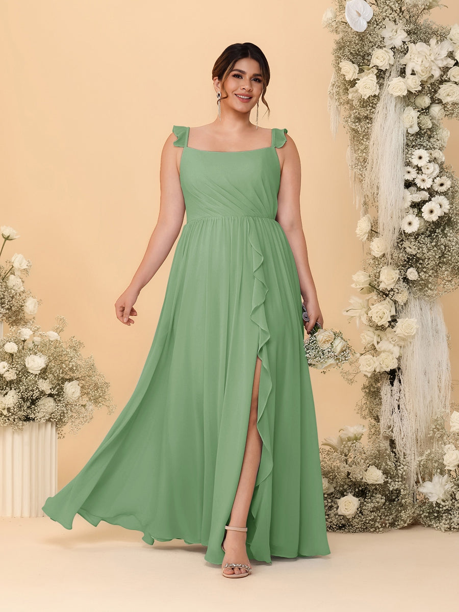 A-Line/Princess Square Neck Sleeveless Plus Size Bridesmaid Dresses With Side Slit &amp; Ruffles