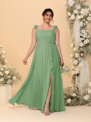 A-Line/Princess Square Neck Sleeveless Plus Size Bridesmaid Dresses With Side Slit & Ruffles