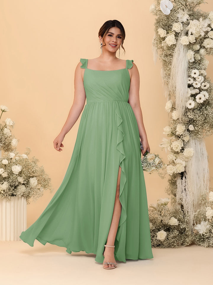 A-Line/Princess Square Neck Sleeveless Plus Size Bridesmaid Dresses With Side Slit &amp; Ruffles