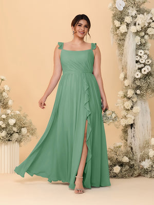 A-Line/Princess Square Neck Sleeveless Plus Size Bridesmaid Dresses With Side Slit & Ruffles