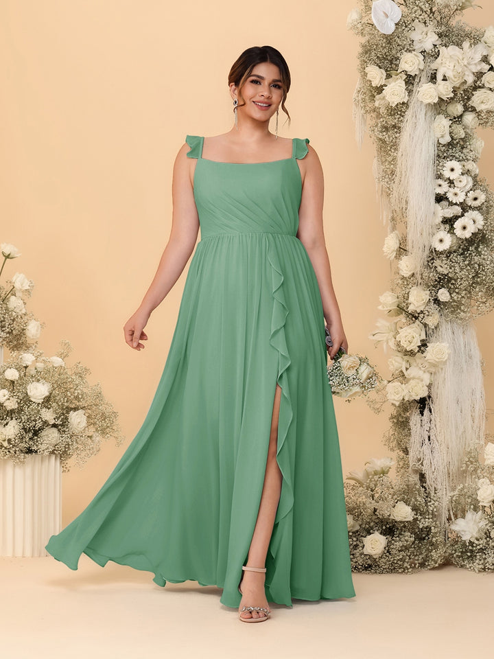 A-Line/Princess Square Neck Sleeveless Plus Size Bridesmaid Dresses With Side Slit &amp; Ruffles