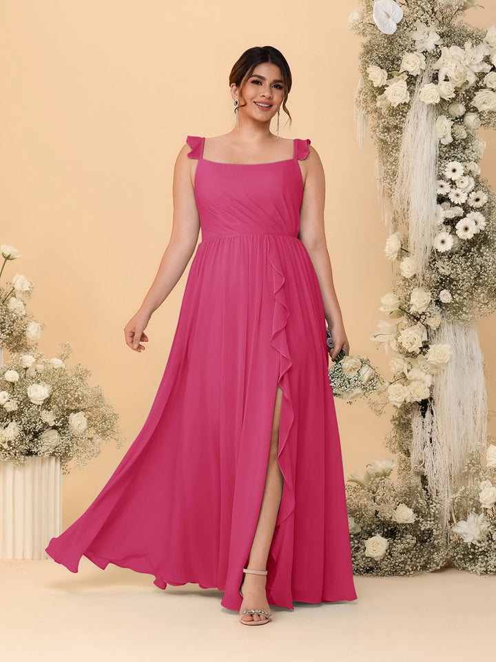 A-Line/Princess Square Neck Sleeveless Plus Size Bridesmaid Dresses With Side Slit &amp; Ruffles