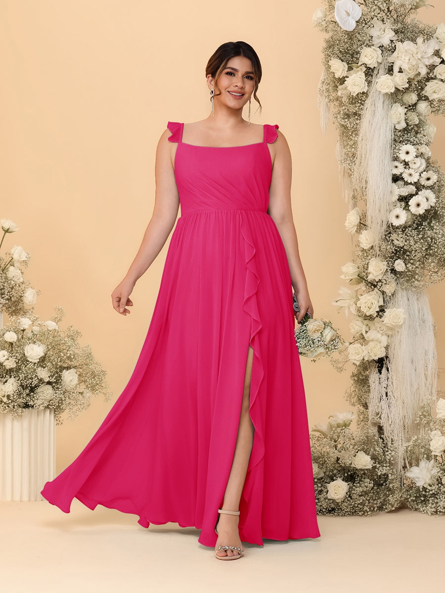 A-Line/Princess Square Neck Sleeveless Plus Size Bridesmaid Dresses With Side Slit &amp; Ruffles