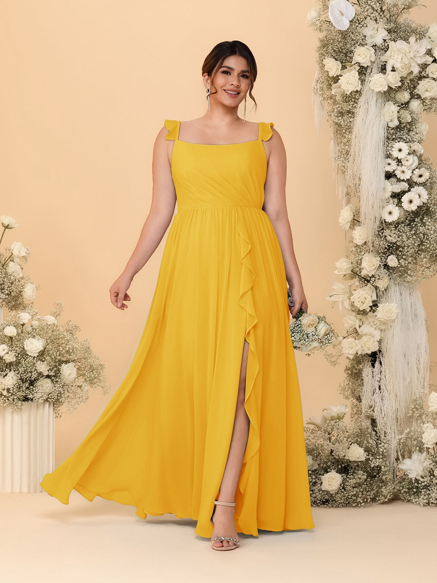 A-Line/Princess Square Neck Sleeveless Plus Size Bridesmaid Dresses With Side Slit &amp; Ruffles