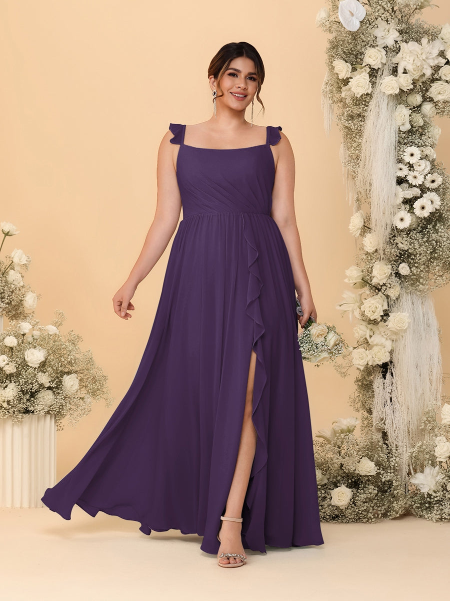 A-Line/Princess Square Neck Sleeveless Plus Size Bridesmaid Dresses With Side Slit &amp; Ruffles