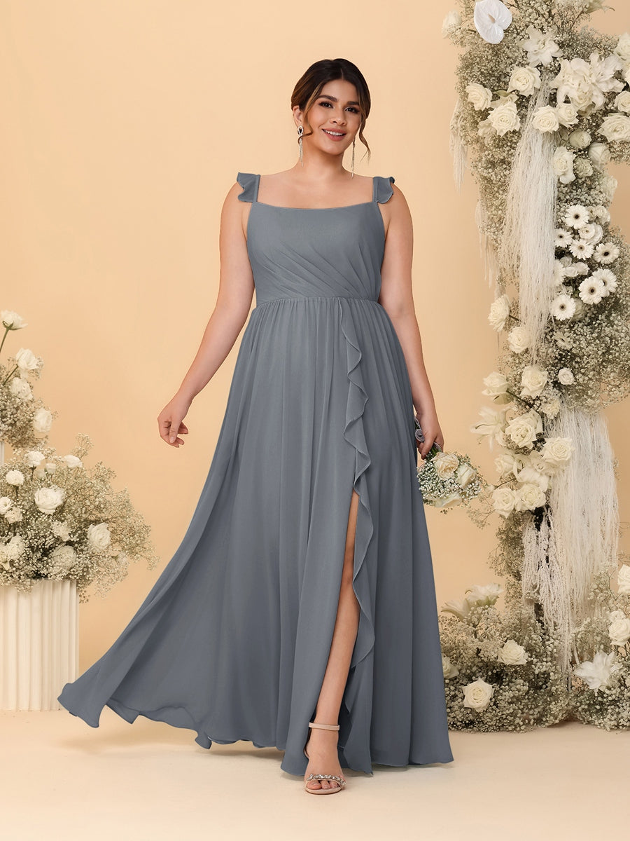 A-Line/Princess Square Neck Sleeveless Plus Size Bridesmaid Dresses With Side Slit &amp; Ruffles