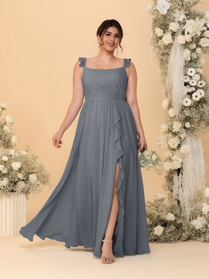 A-Line/Princess Square Neck Sleeveless Plus Size Bridesmaid Dresses With Side Slit & Ruffles