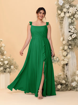 A-Line/Princess Square Neck Sleeveless Plus Size Bridesmaid Dresses With Side Slit & Ruffles
