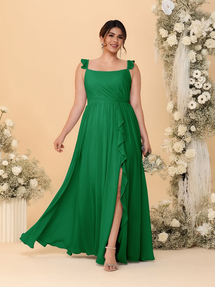 A-Line/Princess Square Neck Sleeveless Plus Size Bridesmaid Dresses With Side Slit &amp; Ruffles
