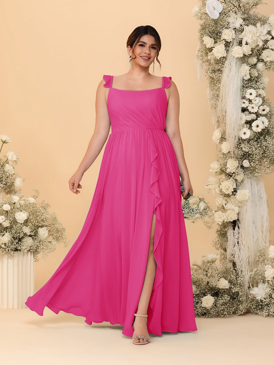 A-Line/Princess Square Neck Sleeveless Plus Size Bridesmaid Dresses With Side Slit &amp; Ruffles