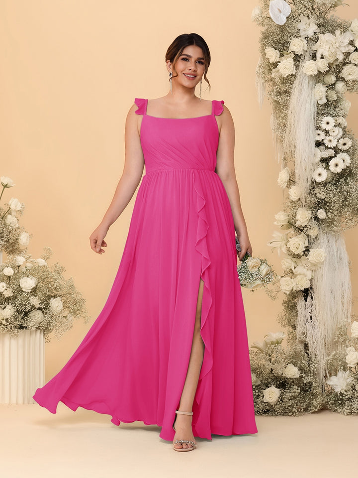 A-Line/Princess Square Neck Sleeveless Plus Size Bridesmaid Dresses With Side Slit &amp; Ruffles