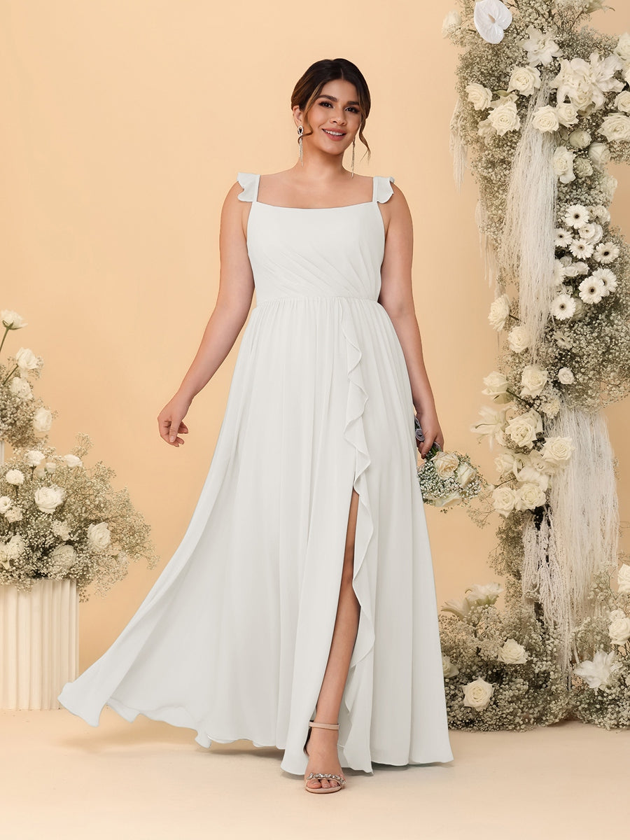A-Line/Princess Square Neck Sleeveless Plus Size Bridesmaid Dresses With Side Slit &amp; Ruffles