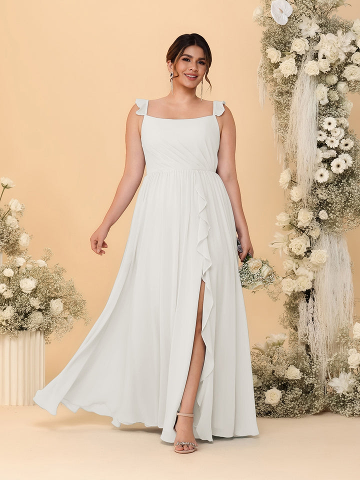 A-Line/Princess Square Neck Sleeveless Plus Size Bridesmaid Dresses With Side Slit &amp; Ruffles