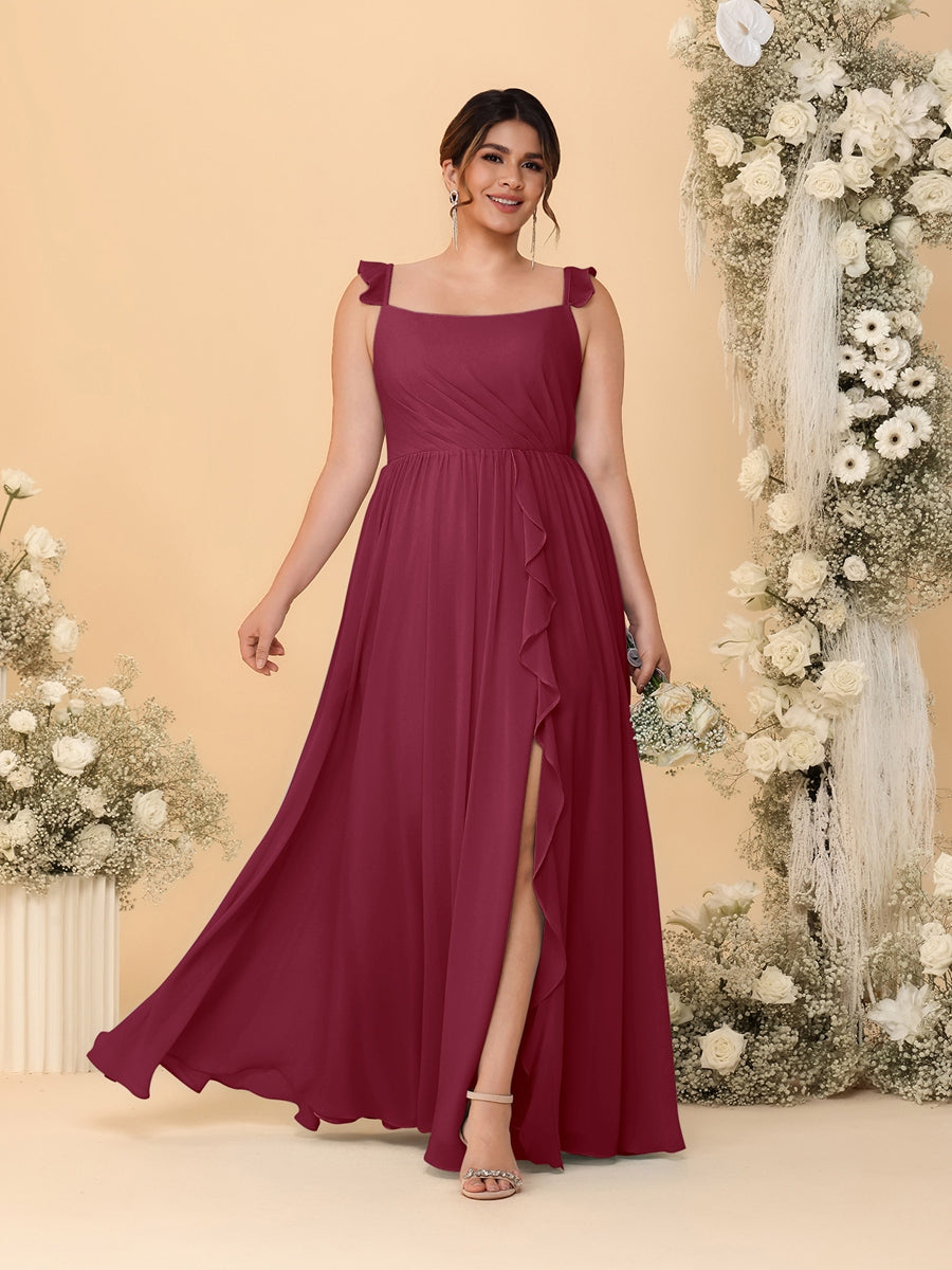 A-Line/Princess Square Neck Sleeveless Plus Size Bridesmaid Dresses With Side Slit &amp; Ruffles