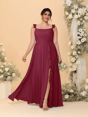 A-Line/Princess Square Neck Sleeveless Plus Size Bridesmaid Dresses With Side Slit & Ruffles