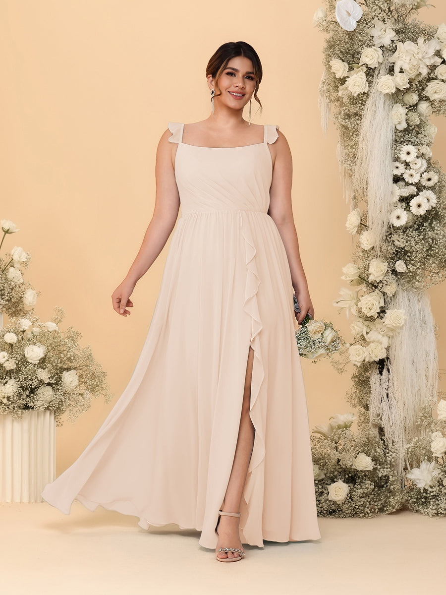 A-Line/Princess Square Neck Sleeveless Plus Size Bridesmaid Dresses With Side Slit &amp; Ruffles